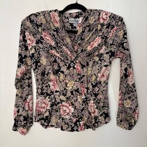 Vintage Women's Floral Pleated V-Neck Blouse‎ Sz 2 Maximalist Feminine Chic